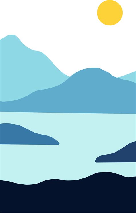 Mountain And Ocean In Minimalist Landscape Illustration Sunset And