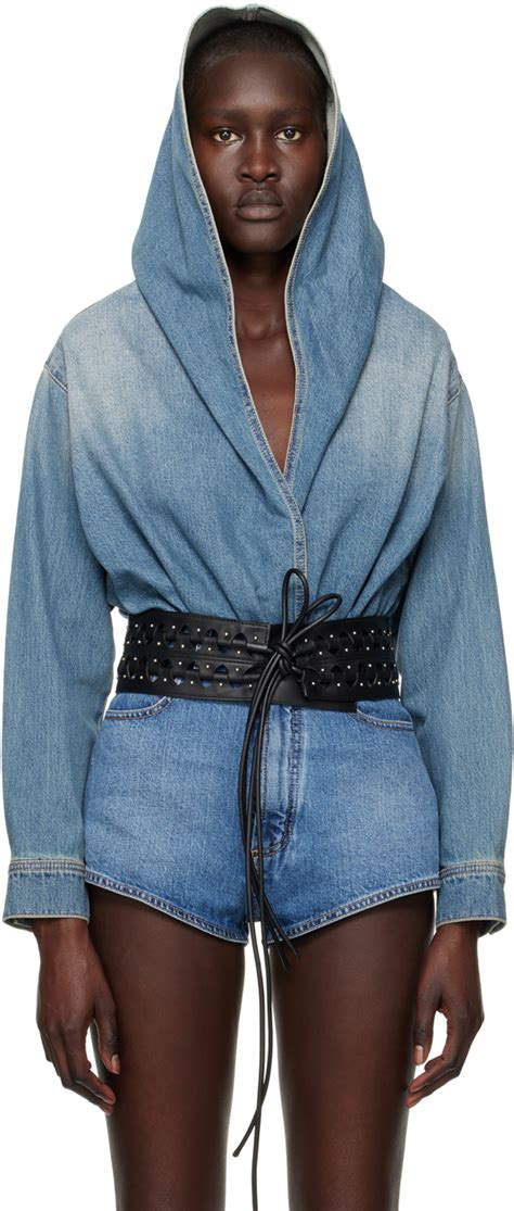alaÏa blue hooded denim bodysuit ssense canada