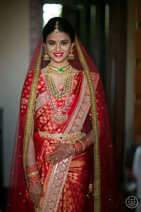 Photo Of South Indian Bridal Look In Red Saree With Dupatta
