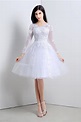Princess Ball Gown Short White Tulle Lace Sleeve Prom Dress With Buttons
