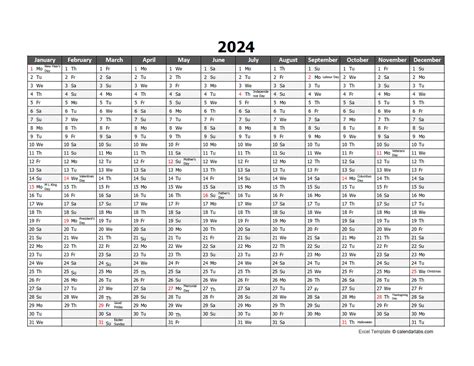 Editable 2024 Yearly Excel Scheduling Calendar Free Printable Templates