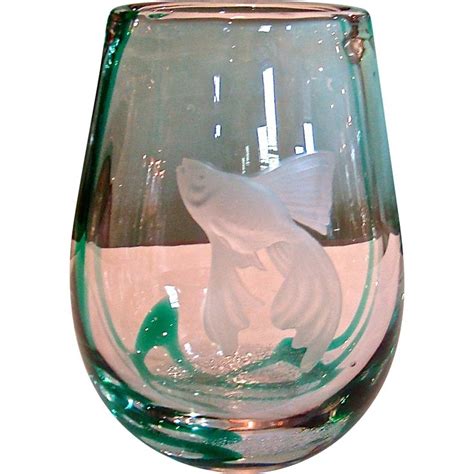 Orrefors Vintage 1950s Glass Fish Vase Etched Mid Century