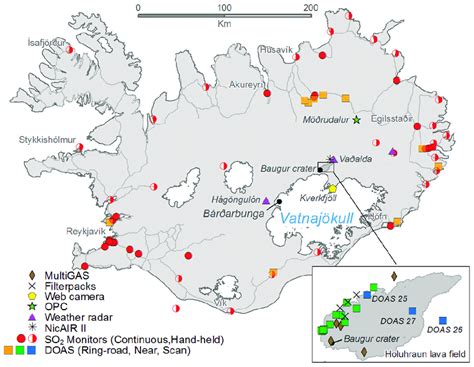Map Of Iceland Showing The Locations Of The Ground Based Volcanic Cloud