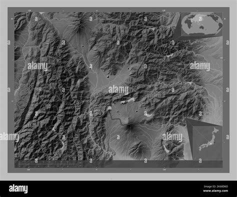 Yamanashi Prefecture Of Japan Grayscale Elevation Map With Lakes And
