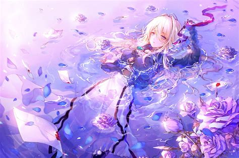 Violet Evergarden Water Lying Down Blonde Flowers Letter Anime