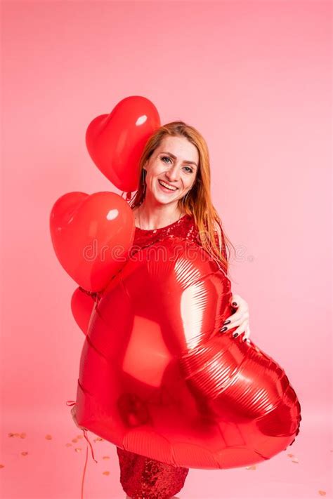 Beautiful Redhead Girl With Red Heart Baloon Posing Happy Valentine`s
