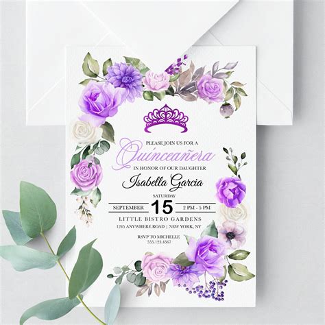 editable invitation purple spring floral quinceanera invitation birthday invite printable