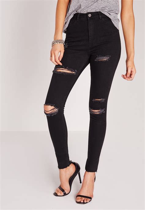 Missguided Sinner High Waisted Ripped Skinny Jeans Black Ripped