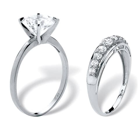Round Cubic Zirconia 2 Piece Solitaire And Channel Set Wedding Ring Set