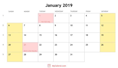 January 2019 Calendar With Holidays Monthly Printable Calendar