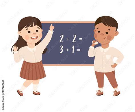 Cute Boy And Girl Having Math Lesson Elementary School Students Doing