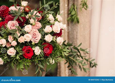 Roses And Peons In Vase On Table Close Up Stock Image Image Of Floral