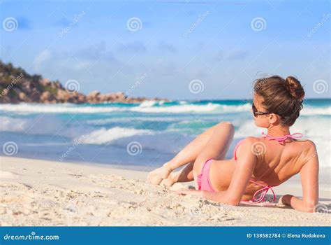 Woman In Bikini Lying On Tropical Beach Stock Photo Image Of Background Seychelles