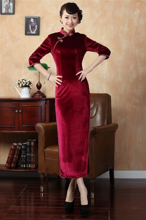 Traditional Long Velvet Cheongsam Dress Red Qipao Cheongsam