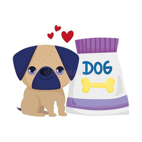 Little Dog Pug With Food Canine Cartoon Pets Stock Vector
