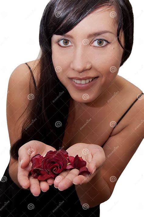 Beautiful Brunette Woman Holding Red Rose Stock Image Image Of Beauty Closeup 11755227