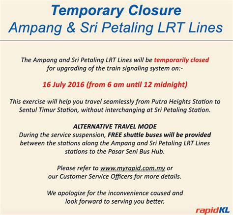 For more information on the lrt extension project, please click here. Temporary suspension on LRT Ampang, Sri Petaling lines ...