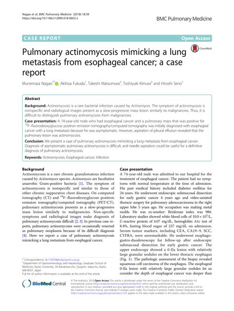 Pdf Pulmonary Actinomycosis Mimicking A Lung Metastasis From