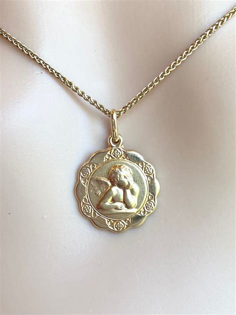 14k Solid Gold Angel Pendant 16mm Angel Necklace Protection Etsy
