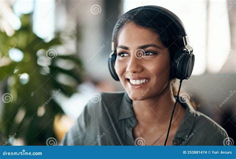 Happy Face Of Young Woman Listening To Music On Headphones Happy And