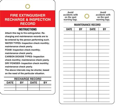 Fire extinguishers shall be inspected, manually or at least monthly, the date the inspection was performed and the initials of the person performing the inspection shall be recorded. Fire Extinguisher Recharge And Inspection Vinyl Tags, SKU ...