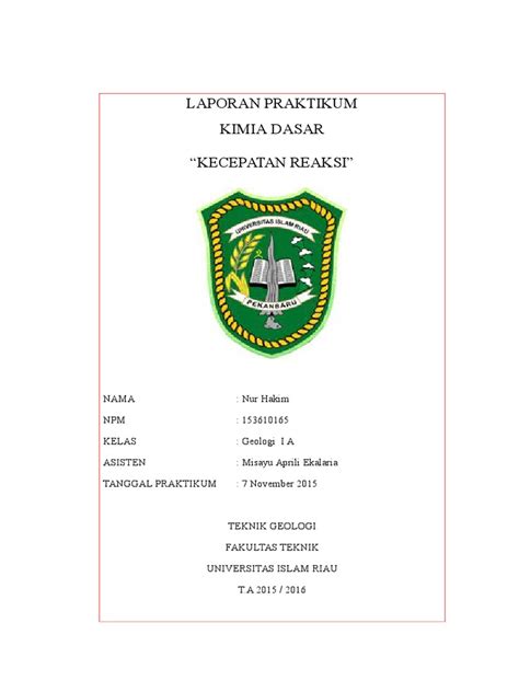 Panduan penulisan karya ilmiah 2020. Laporan Praktikum Kimia Dasar 4 Kecepatan Reaksi