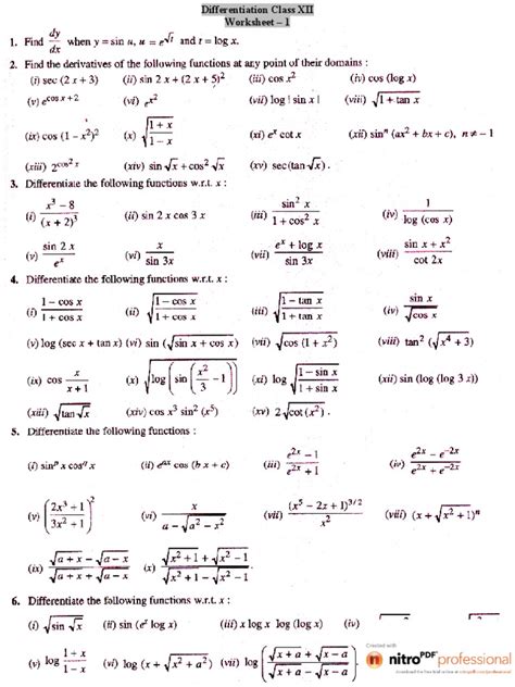Differentiation Worksheet Class 12th No Answers Pdf Pdf