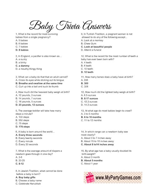 Free Printable Baby Trivia Game For Baby Shower Party