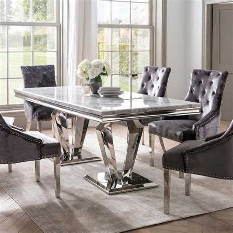 Ernest 6 Person Wide Dining Table Stainless Steel And Marble Top Dining