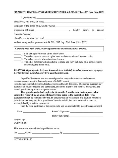 Six Month Temporary Guardianship Agreement Pdf Fillable Fill And