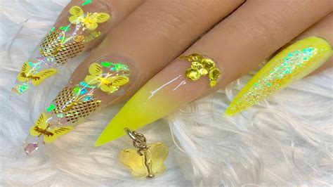 Blue and yellow butterfly nails. ☀️Neon Yellow Glitter Glass Butterfly Ombré Acrylic Nails ...