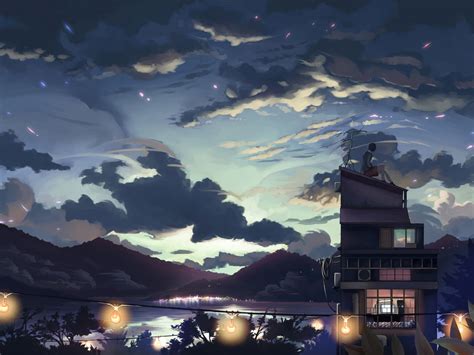 1024x768 A Cloudy Evening Anime Girl Sitting Rooftop 4k Wallpaper