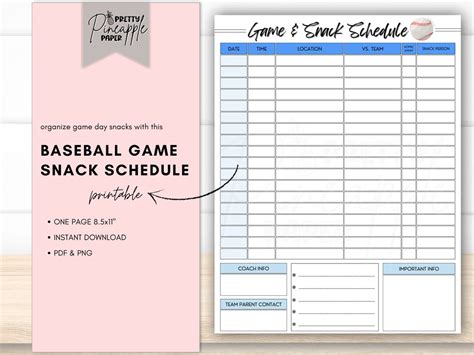 Printable Baseball Team Game Day And Snack Schedule Fillable Etsy