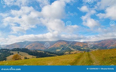 Panorama Of Green Hills Trees And Amazing Clouds In Carpathian