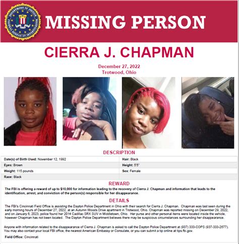 dayton 24 7 now on twitter the fbi has released a missing person poster for cierra chapman