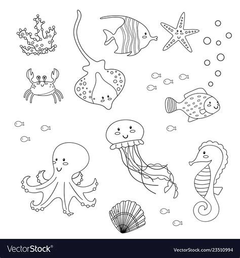 Coloring Page For Kids Set Sea Animals Royalty Free Vector