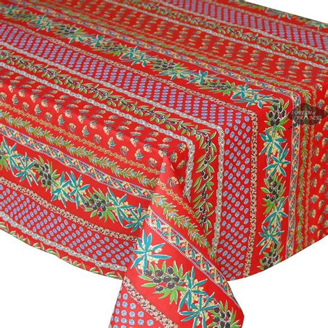 60x 96 Rectangular Olives Red Cotton Coated Provence Tablecloth By Le