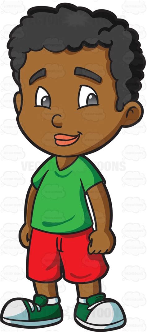 Cute little boy with black hair dressed in black standing and smiling vector cartoon kid character with hands in pockets. Ethnic curly hair boy clipart collection - Cliparts World 2019