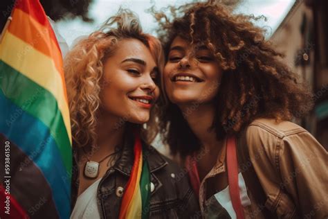 ภาพประกอบสต็อก Gay Women Lesbian Couple With Lgbt Rainbow Flag Lgbt