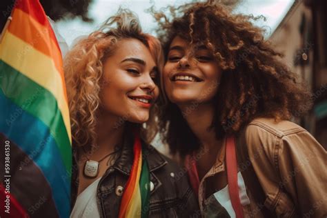 ภาพประกอบสต็อก Gay Women Lesbian Couple With Lgbt Rainbow Flag Lgbt Pride Month Celebration