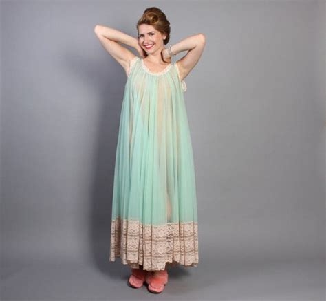 60s Mint Green Nightgown Full Sweep Sheer Miss By Luckydrygoods