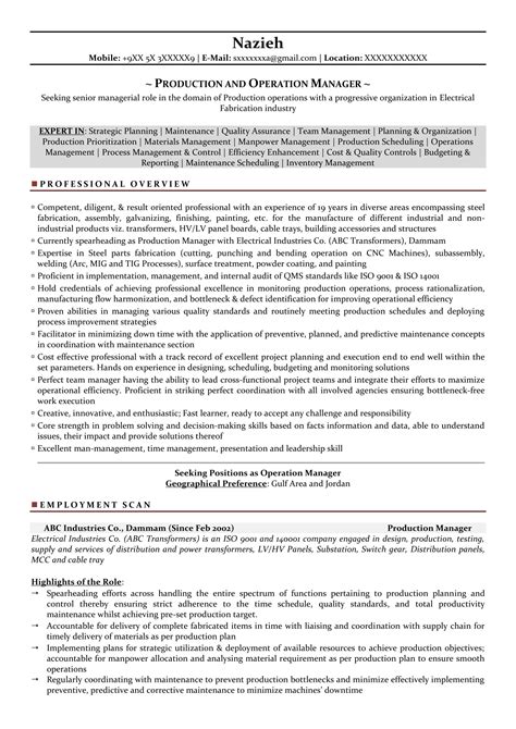 This retail manager cv template has a soft grey background with white boxes to highlight information. Production Manager Sample Resumes, Download Resume Format ...