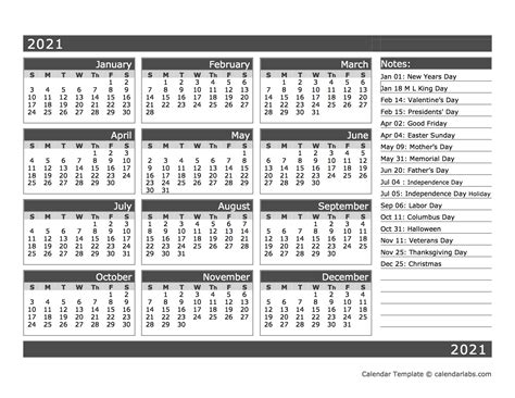 12 Month Calendar 2021 Printable One Page