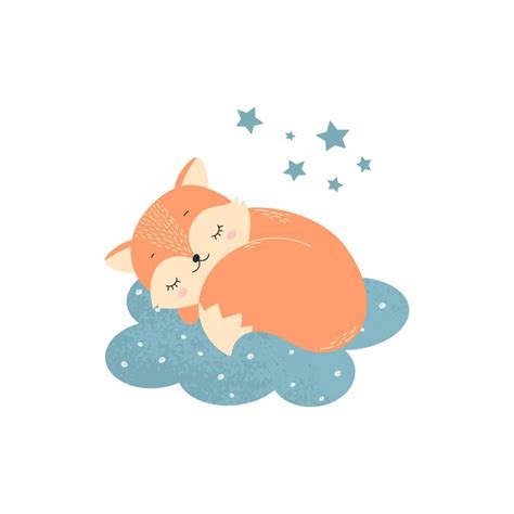 Premium Vector Illustration Of Cute Sleeping Baby Fox On Clouds Baby