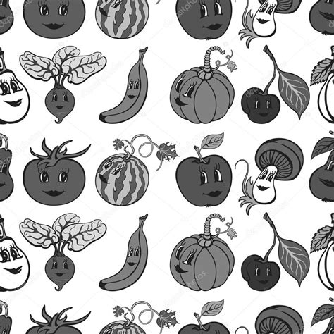 Set Of Cartoon Funny Vegetables And Fruit Gray Stock Vector By