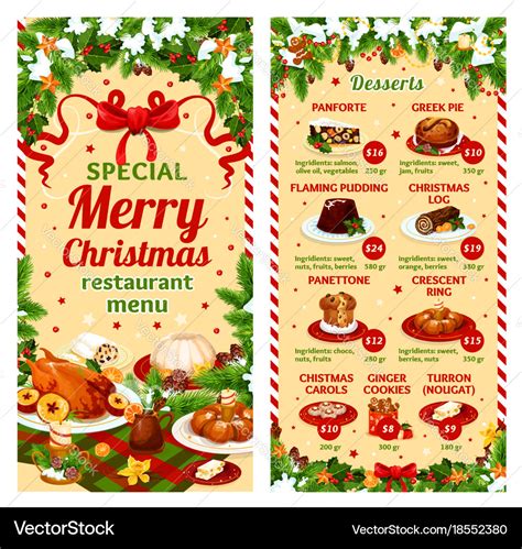 Christmas Dinner Restaurant Dessert Menu Vector Image