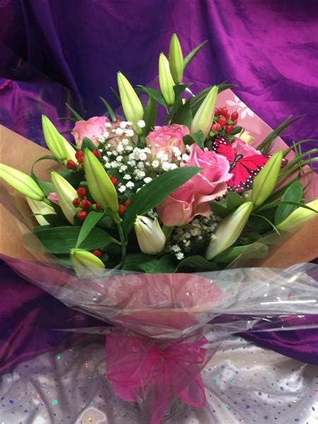 Oriental Lily And Pink Rose Bouquet Maureens Florist Belfast