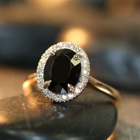 Black Spinel Halo Diamond Engagement Ring In 14k Rose Gold Etsy