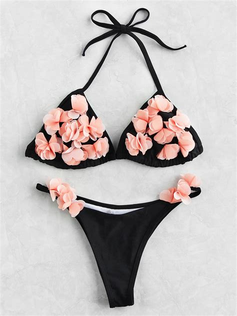 Flower Embellished Triangle Bikini Set Sheinsheinside