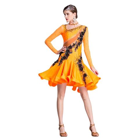 L 18333 Ballroom Sexy Outfit Dress Latin Dance Dresses For Women Orange Stage Costumes Dance